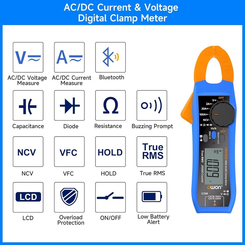 Owon Digital Clamp Meter Auto Range 20000 Counts AC/DC Resistance Capacitance Tester Multiple Measurement Functions NVC VFC Diode Overload Protection True RMS Multimeter CM2100B - Image 4
